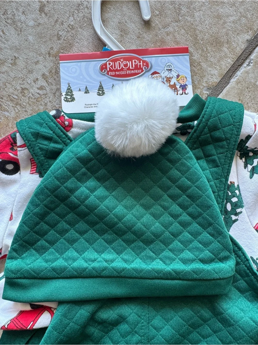 Rudolph the Red-nosed  Reindeer Quilted Green Overalls w/Matching Tee & Hat, 24M